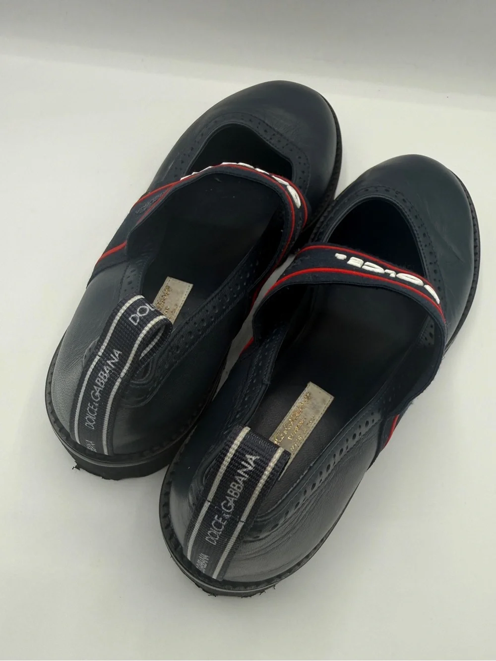 Dolce & Gabbana Navy Leather Kids Logo Strap Ballet Shoes